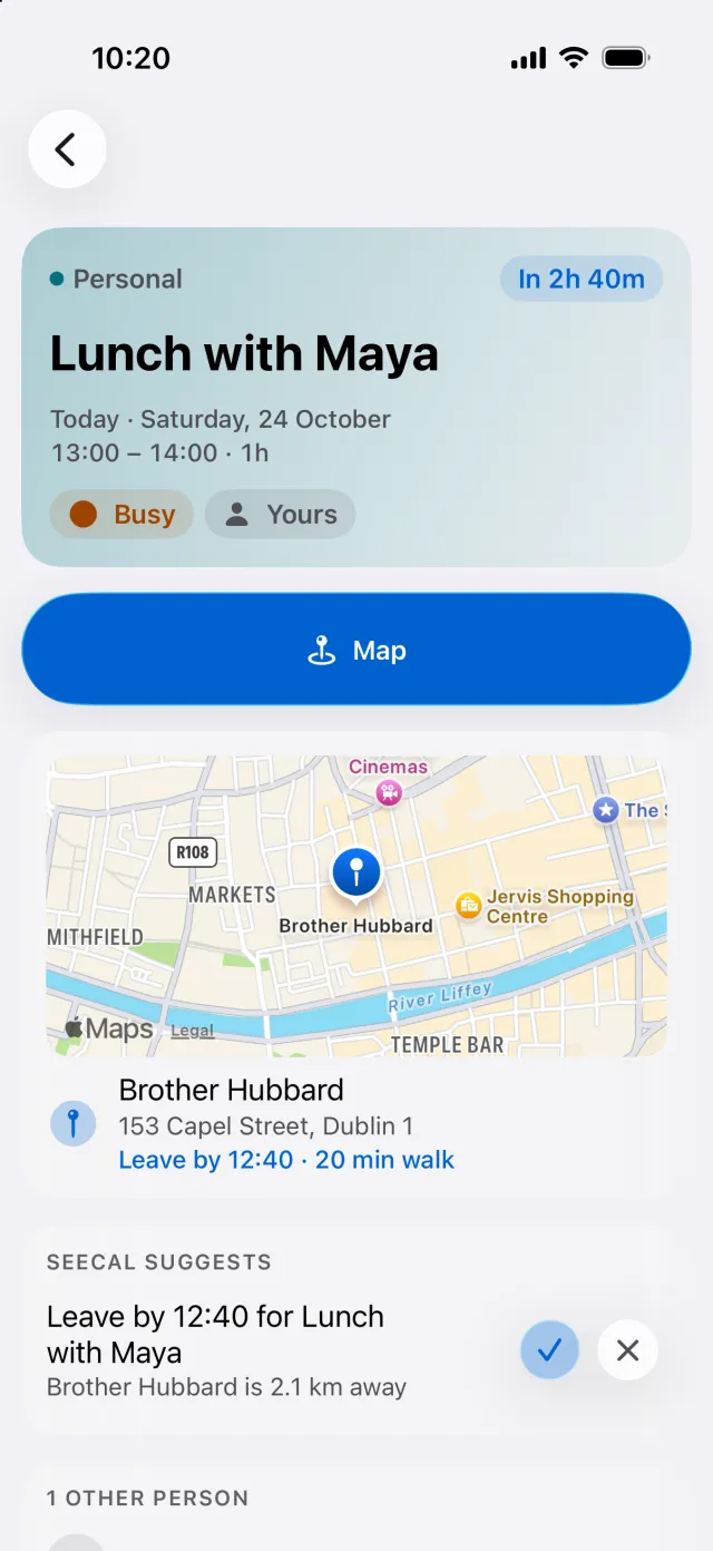 Lunch with Maya on iPhone: a big Map button, the map, and leave by 12:40