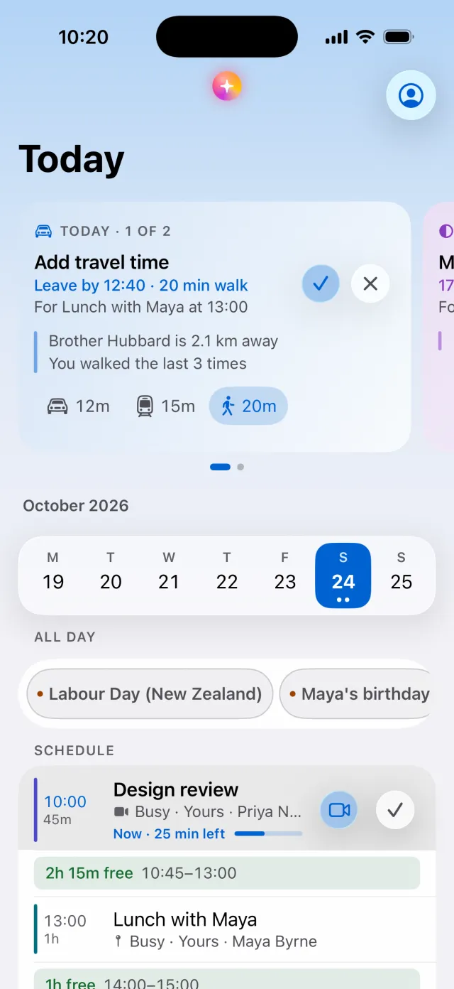 The Today screen: a travel suggestion, the week, all-day events and the schedule